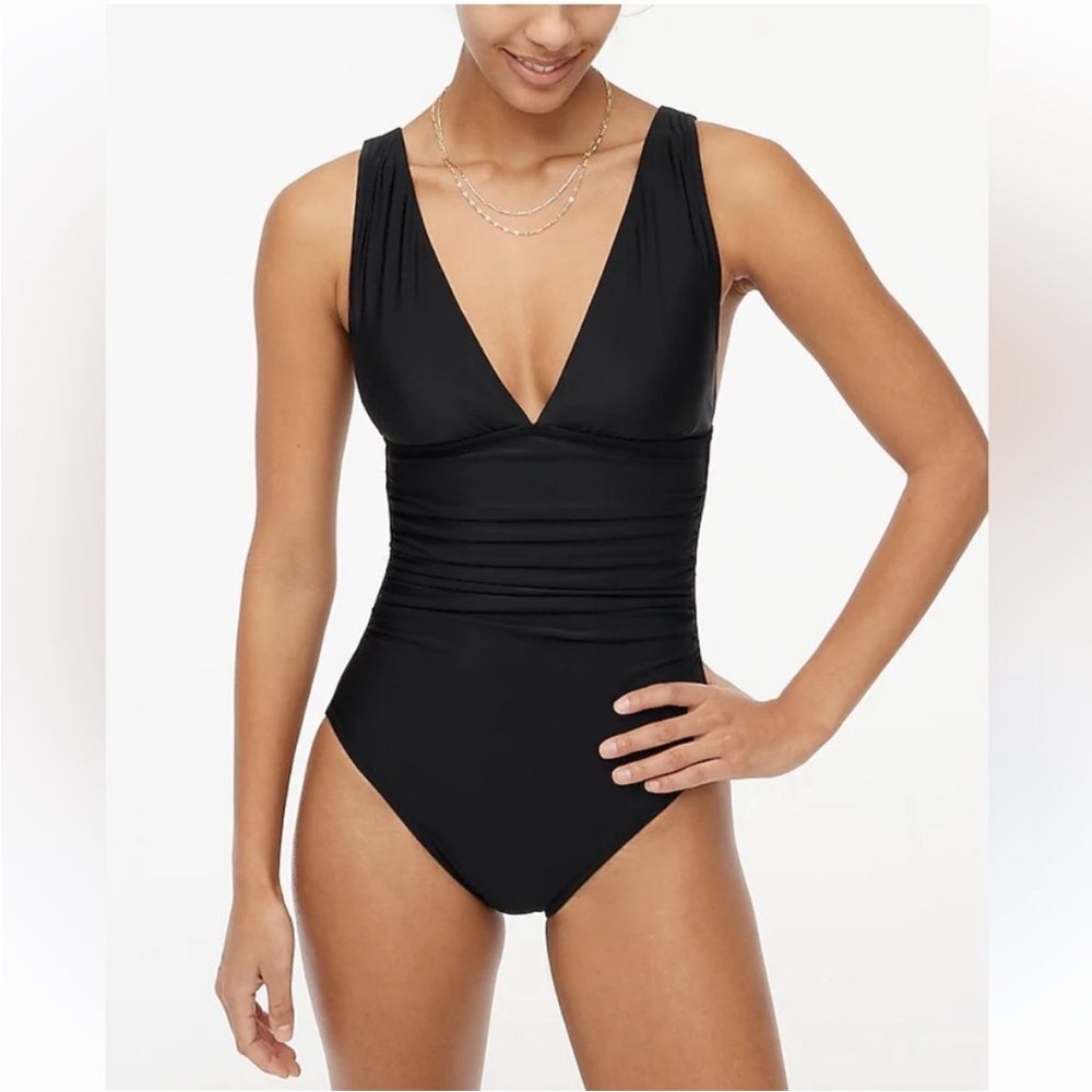 J Crew Women's V-neck Ruched One Piece Swimsuit in Black XL sexy flattering